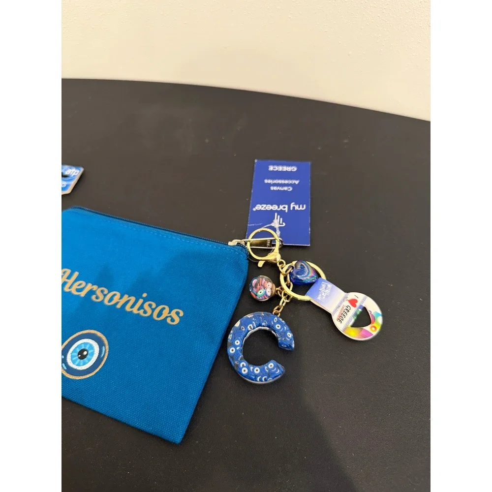 Greece Souvenir Set My Breeze Hersonisos Evil Eye Canvas Pouch and Keychains NWT